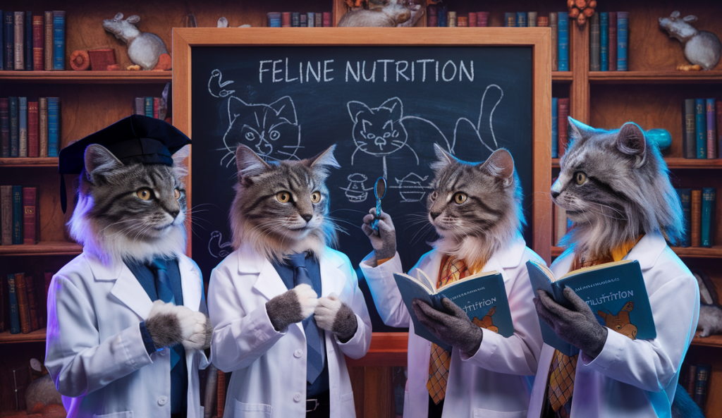 Illustration humoristique de personnages animaliers éduquant sur la nutrition féline