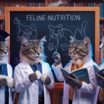 Illustration humoristique de personnages animaliers éduquant sur la nutrition féline
