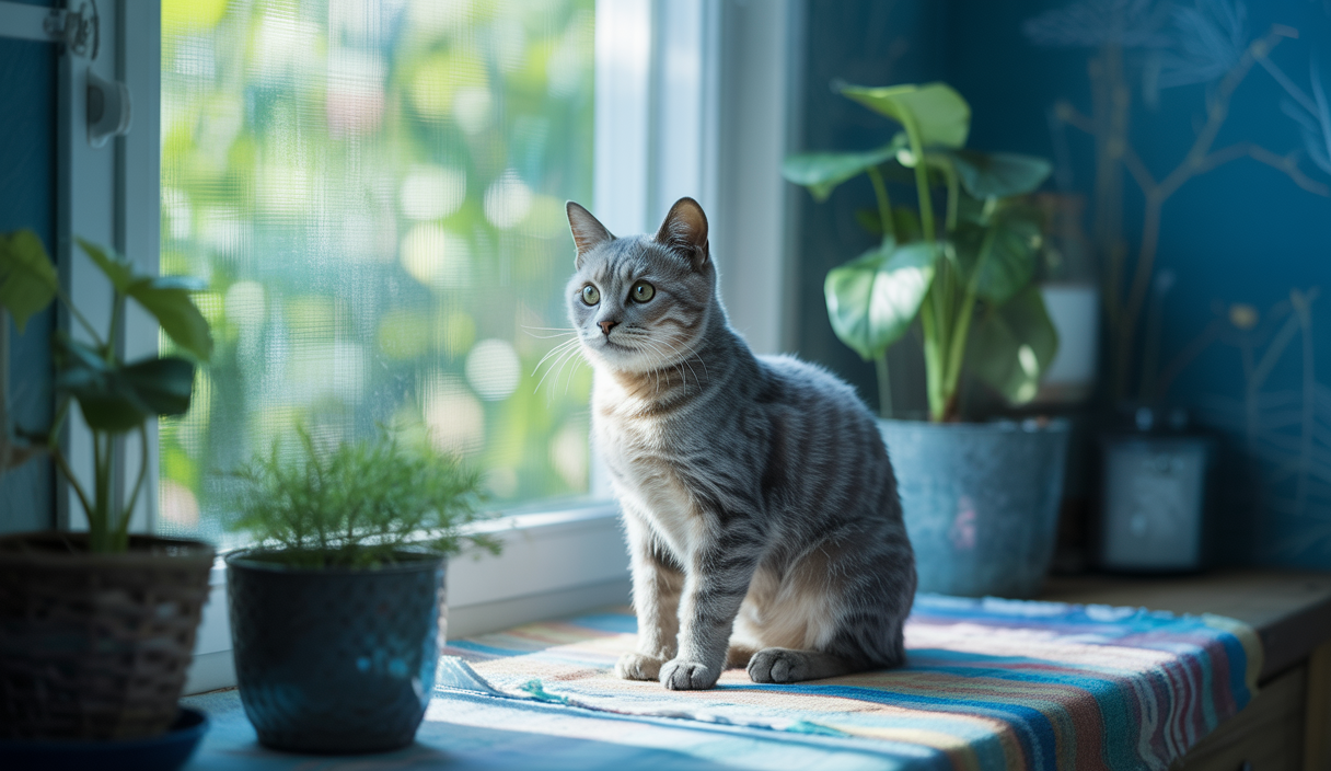 Un chat observant attentivement son environnement, affichant un comportement calme et serein.