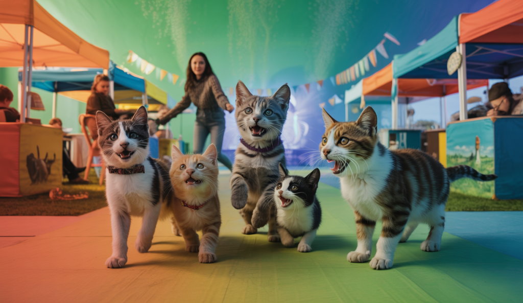 Image illustrant des chats heureux lors d'un festival communautaire.