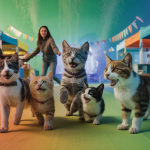 Image illustrant des chats heureux lors d'un festival communautaire.