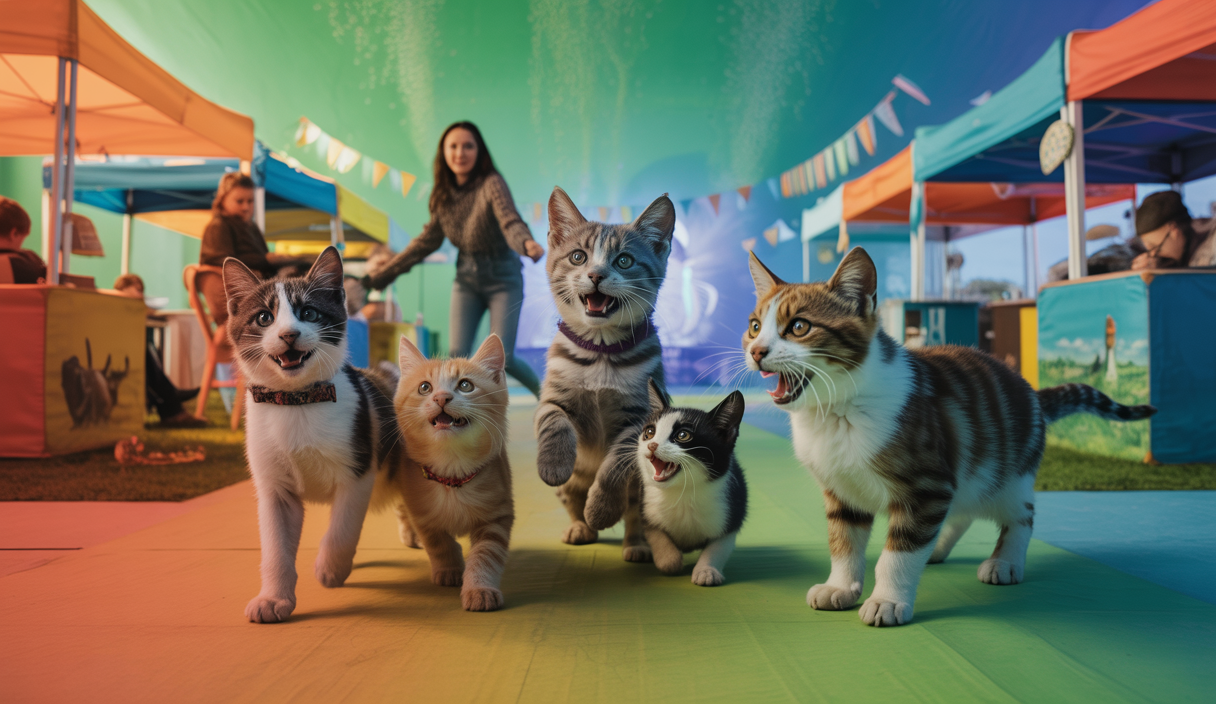 Image illustrant des chats heureux lors d'un festival communautaire.