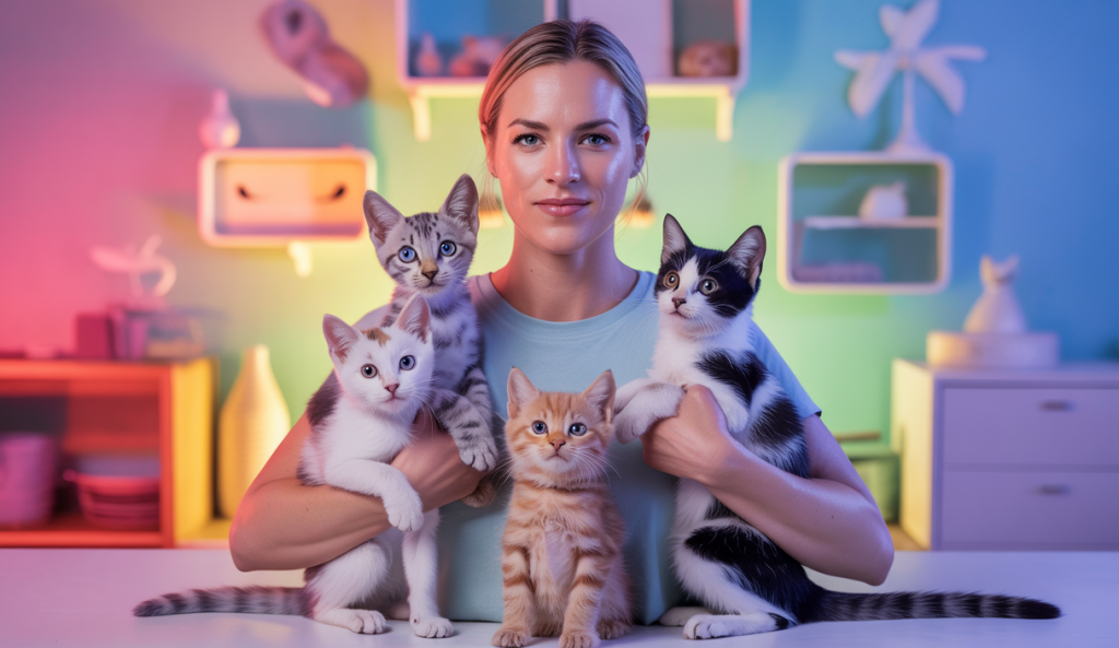 Portrait de Hannah Shaw, Kitten Lady, entourée de chatons