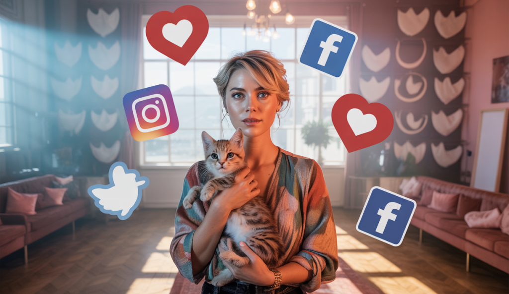 Une scène représentant l'influence des réseaux sociaux sur l'adoption d'animaux avec un focus sur des figures emblématiques comme Kitten Lady.