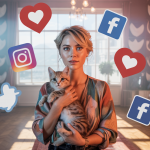 Une scène représentant l'influence des réseaux sociaux sur l'adoption d'animaux avec un focus sur des figures emblématiques comme Kitten Lady.