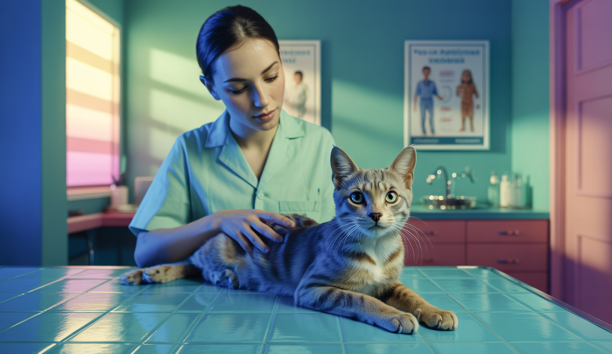 Illustration d'un vétérinaire examinant un chat pour l'arthrite dans une ambiance professionnelle
