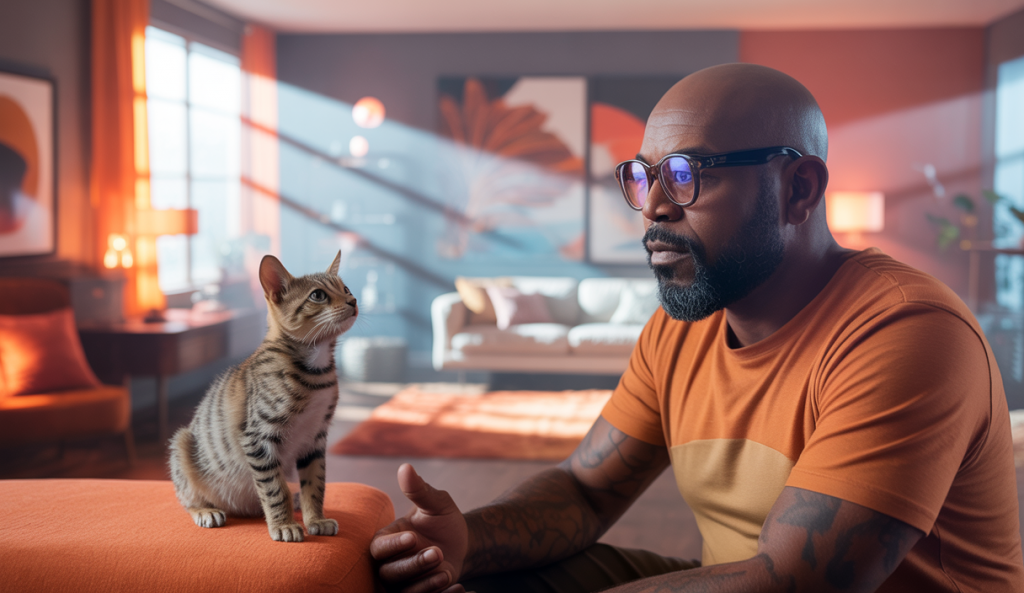 Illustration de Jackson Galaxy explorant la psychologie des chats en interaction avec les humains.