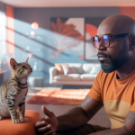 Illustration de Jackson Galaxy explorant la psychologie des chats en interaction avec les humains.
