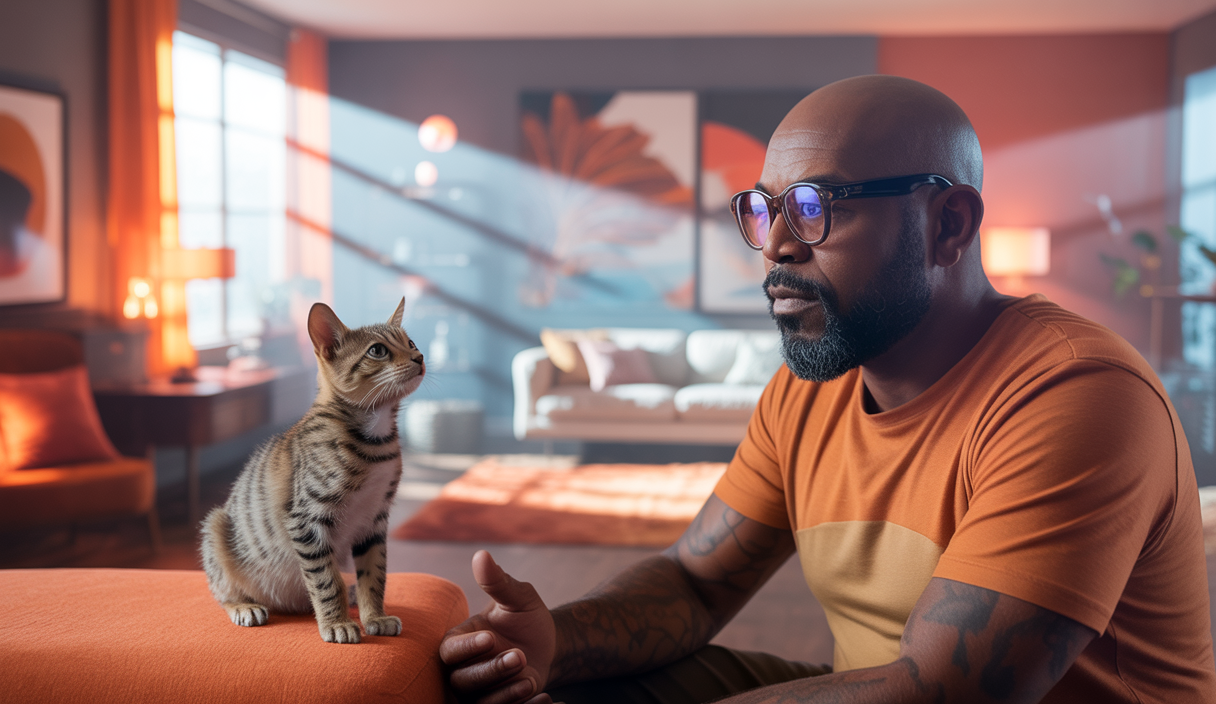 Illustration de Jackson Galaxy explorant la psychologie des chats en interaction avec les humains.