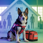 Image d'un animal de compagnie préparé pour une urgence avec un sac d'urgence et des équipements de sécurité