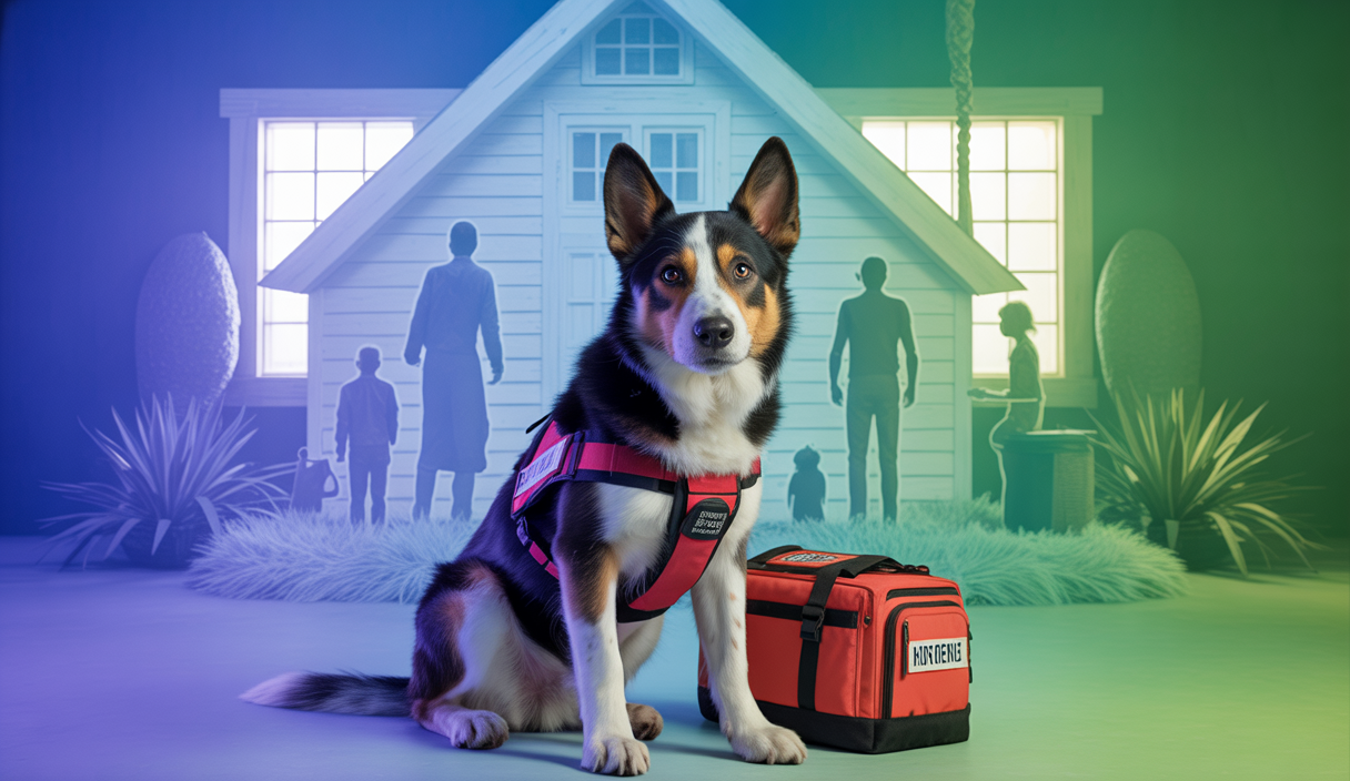 Image d'un animal de compagnie préparé pour une urgence avec un sac d'urgence et des équipements de sécurité