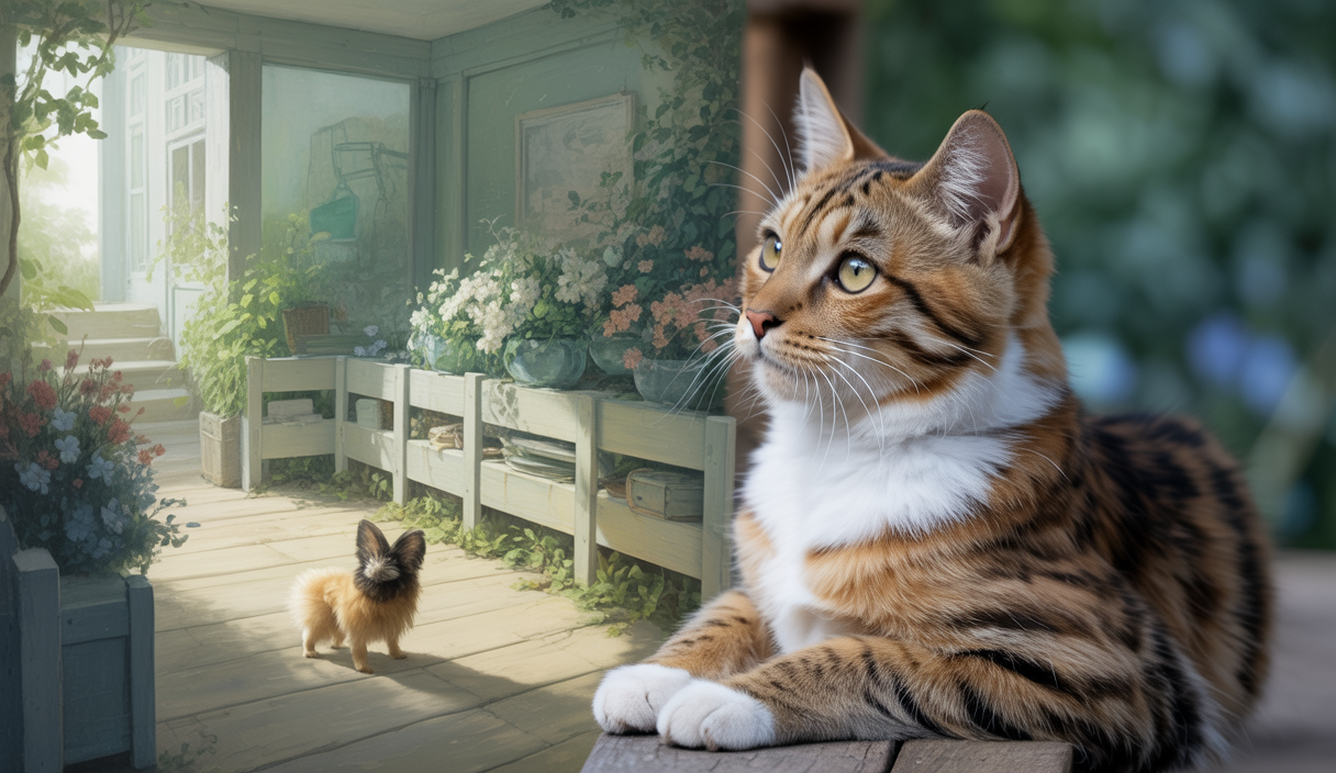 Chat explorant son environnement avec curiosité et sérénité.