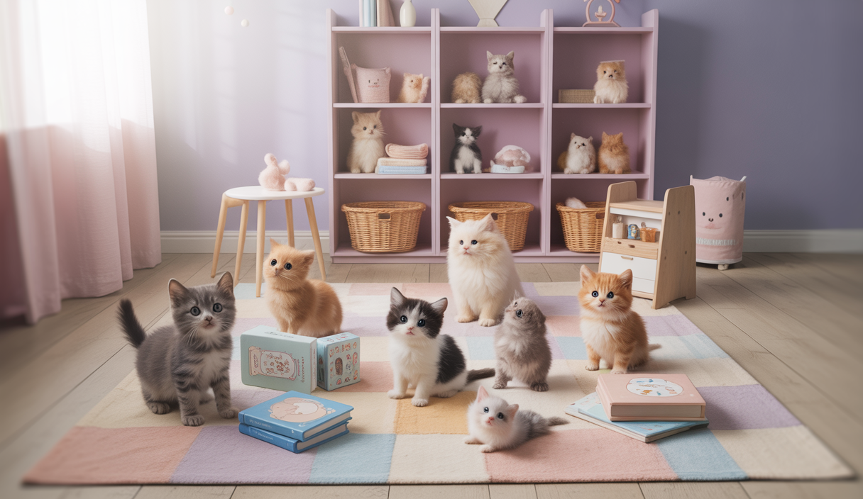 Image évocatrice de chatons adorables entourés d'éléments éducatifs et conseils pratiques