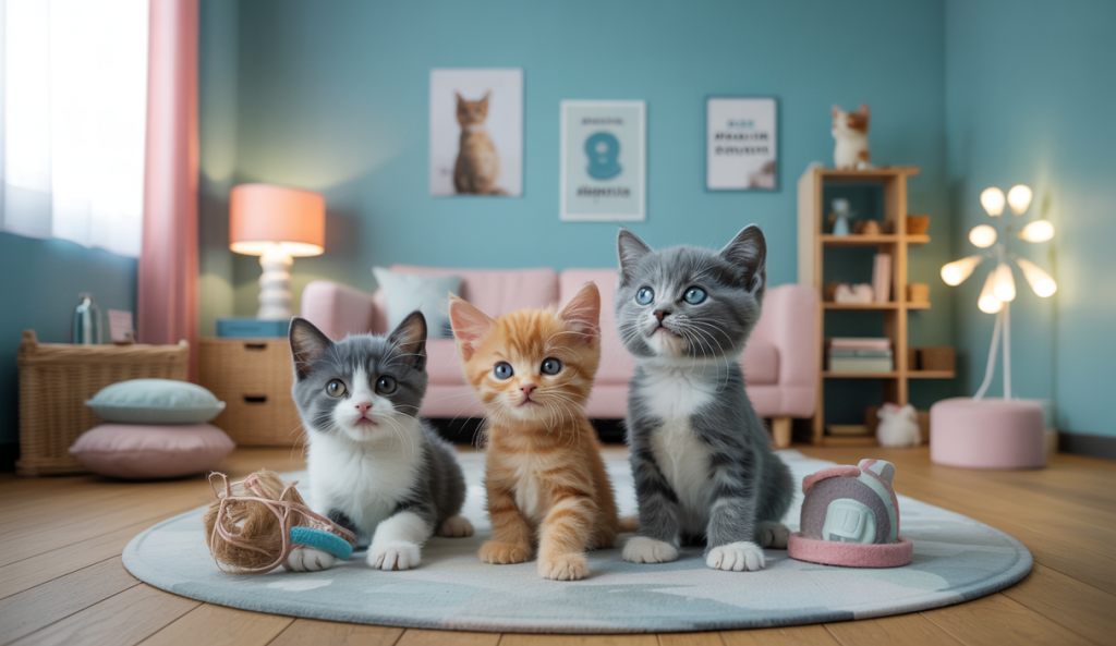 Illustration détaillée de chatons dans un orphelinat avec Kitten Lady
