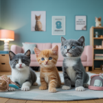 Illustration détaillée de chatons dans un orphelinat avec Kitten Lady