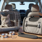 Accessoires essentiels pour voyager confortablement et en sécurité avec un chat, incluant cage de transport rigide, harnais ajustable, laisse extensible, gamelles, couverture, et litière portable.