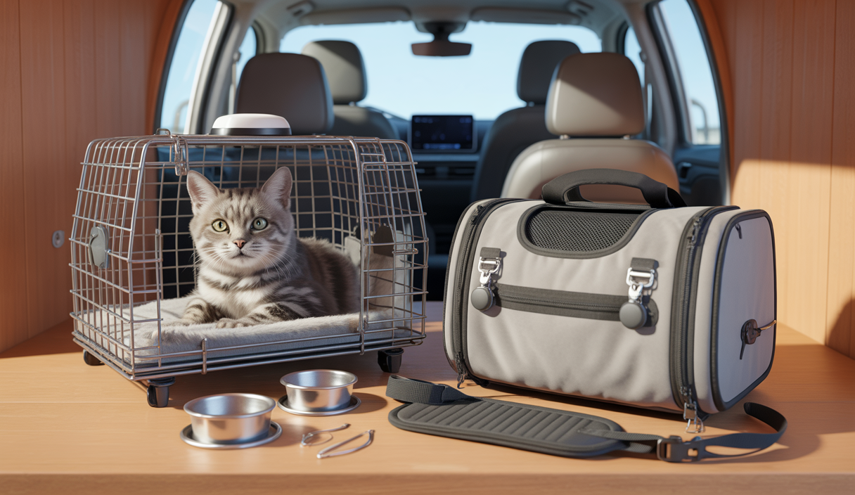 Accessoires essentiels pour voyager confortablement et en sécurité avec un chat, incluant cage de transport rigide, harnais ajustable, laisse extensible, gamelles, couverture, et litière portable.