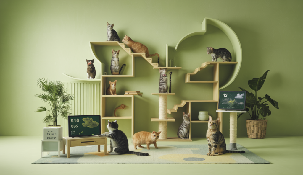 Chats interactifs dans un environnement adapté avec des accessoires de bien-être