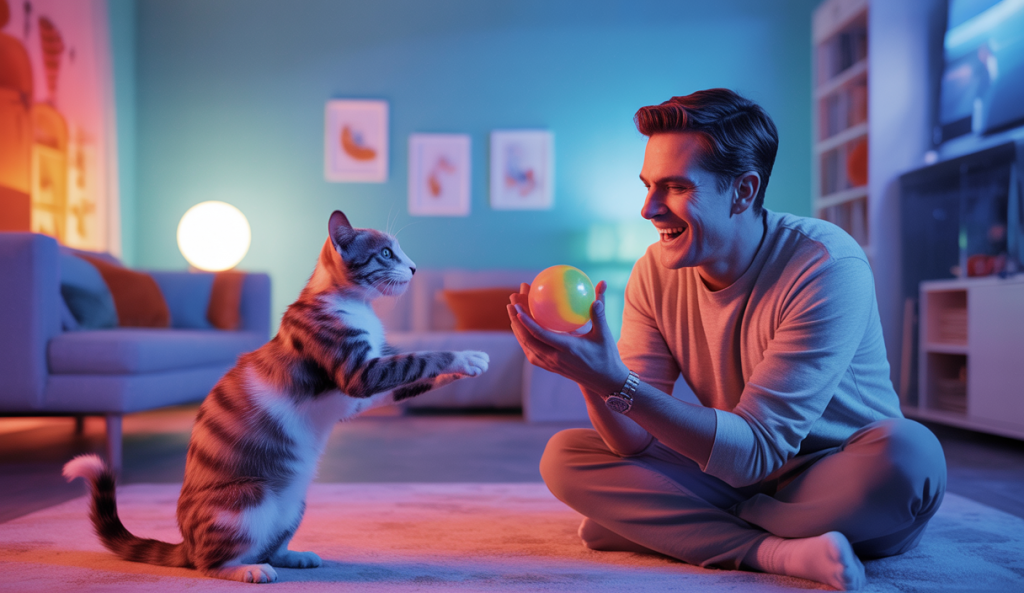 Un homme et un chat jouant ensemble, illustrant une relation père-chat harmonieuse