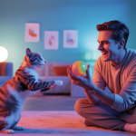 Un homme et un chat jouant ensemble, illustrant une relation père-chat harmonieuse