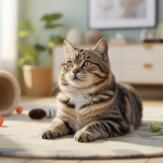 Un chat domestique assis calmement sur un tapis, entouré de jouets interactifs et d’accessoires d’éducation adaptés à sa personnalité, dans un salon lumineux et chaleureux.
