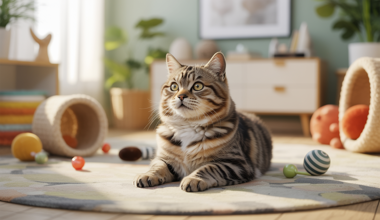Un chat domestique assis calmement sur un tapis, entouré de jouets interactifs et d’accessoires d’éducation adaptés à sa personnalité, dans un salon lumineux et chaleureux.