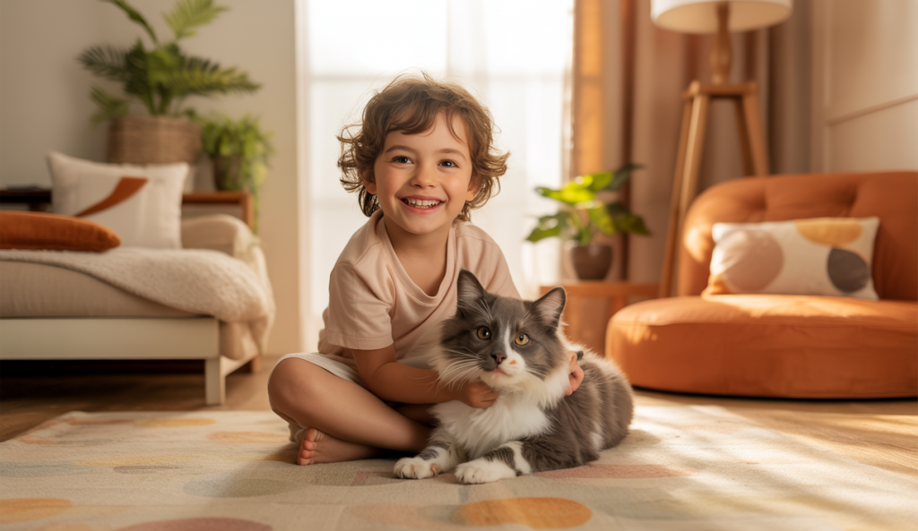 Un enfant joyeux caressant un chaton dans un salon familial chaleureux, symbolisant le lien affectif et le développement émotionnel renforcés par la présence d’un chat dans la famille