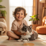 Un enfant joyeux caressant un chaton dans un salon familial chaleureux, symbolisant le lien affectif et le développement émotionnel renforcés par la présence d’un chat dans la famille