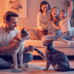 Expert en comportement félin avec un chat dans un cadre familial chaleureux
