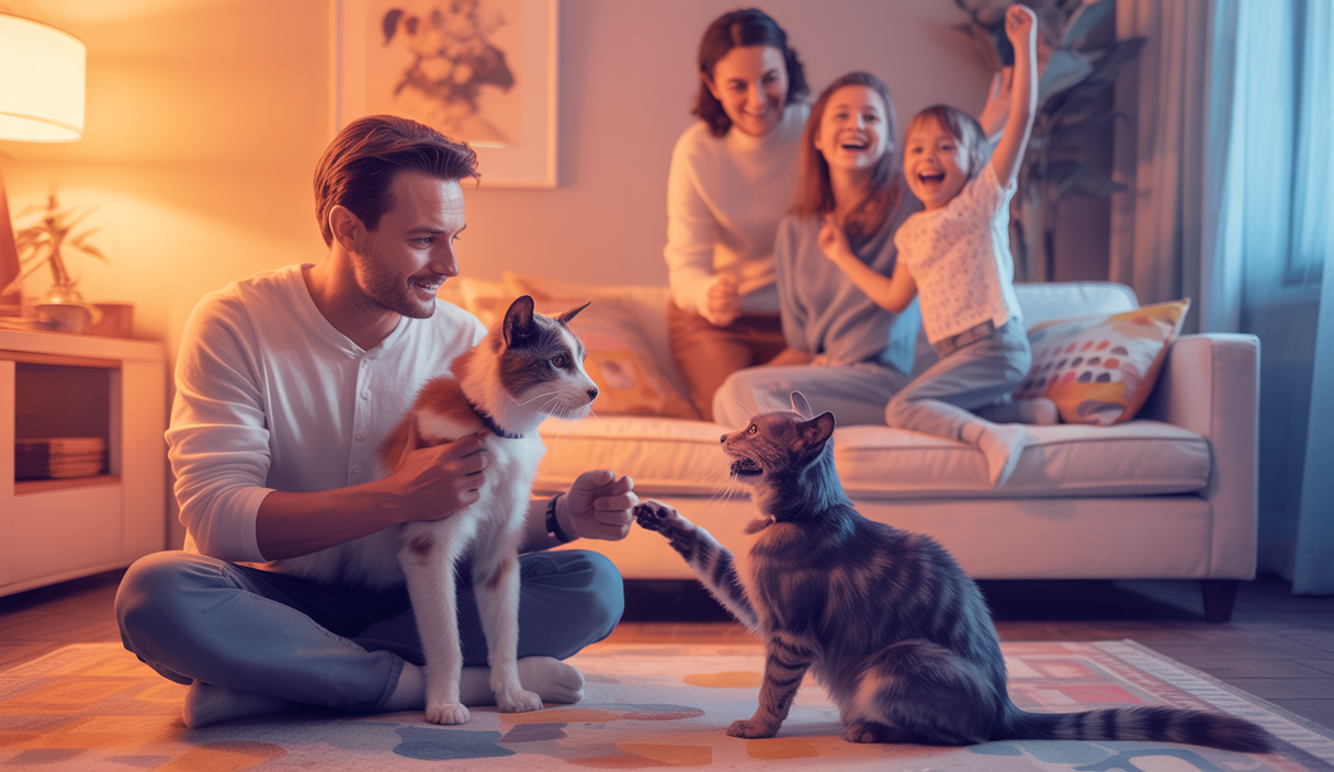 Expert en comportement félin avec un chat dans un cadre familial chaleureux