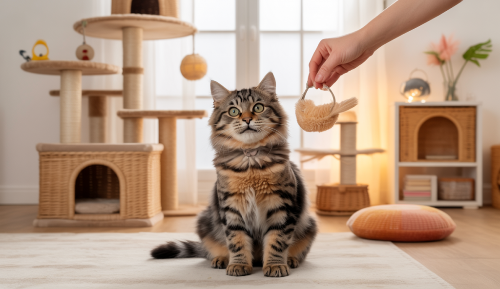 Chat domestique calme et heureux dans un intérieur enrichi avec jouets, arbres à chat, et zones de confort, recevant une récompense positive lors d'une séance de jeu