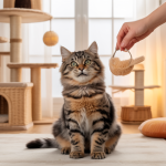 Chat domestique calme et heureux dans un intérieur enrichi avec jouets, arbres à chat, et zones de confort, recevant une récompense positive lors d'une séance de jeu