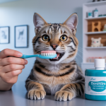 Chat tigré à poil court avec une bouche ouverte montrant des dents saines, un humain tenant une brosse à dents spéciale chat, cadre de salle de vétérinaire avec accessoires dentaires et jouets pour chat en arrière-plan