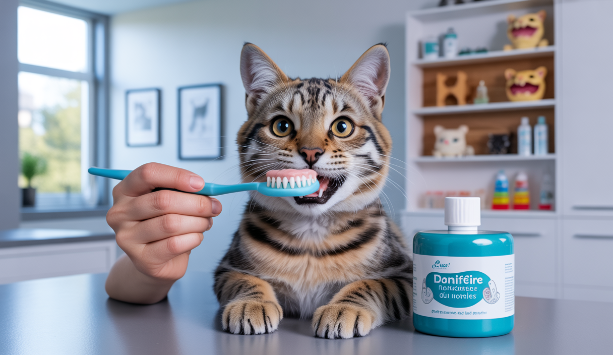 Chat tigré à poil court avec une bouche ouverte montrant des dents saines, un humain tenant une brosse à dents spéciale chat, cadre de salle de vétérinaire avec accessoires dentaires et jouets pour chat en arrière-plan
