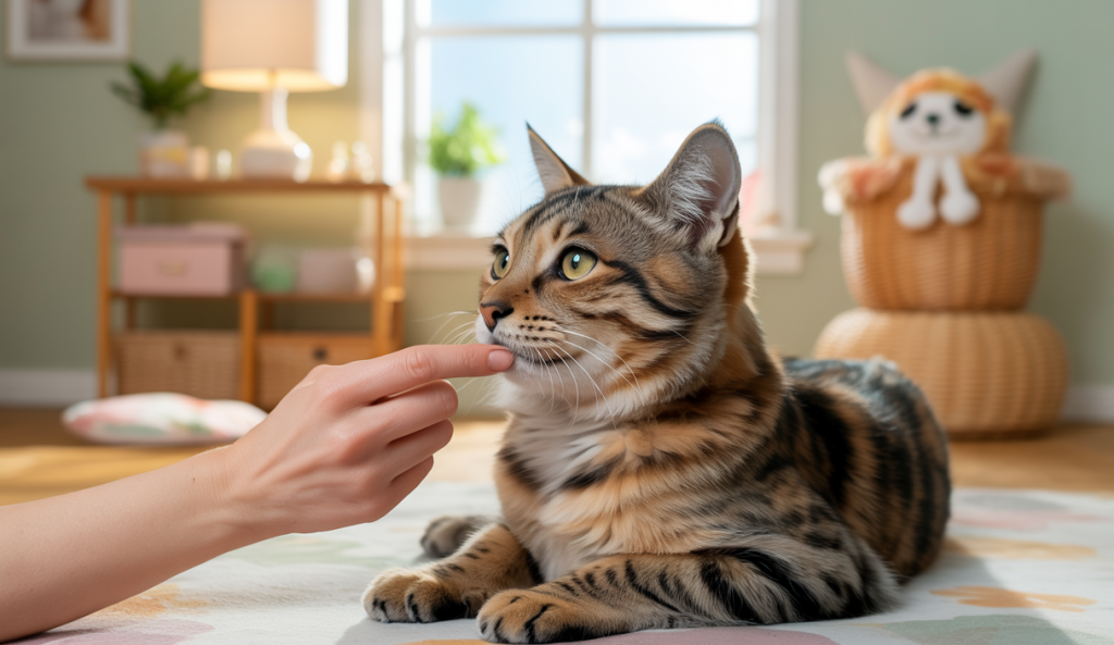 Chat domestique montrant un lien affectif profond avec son propriétaire, dans un cadre intérieur chaleureux