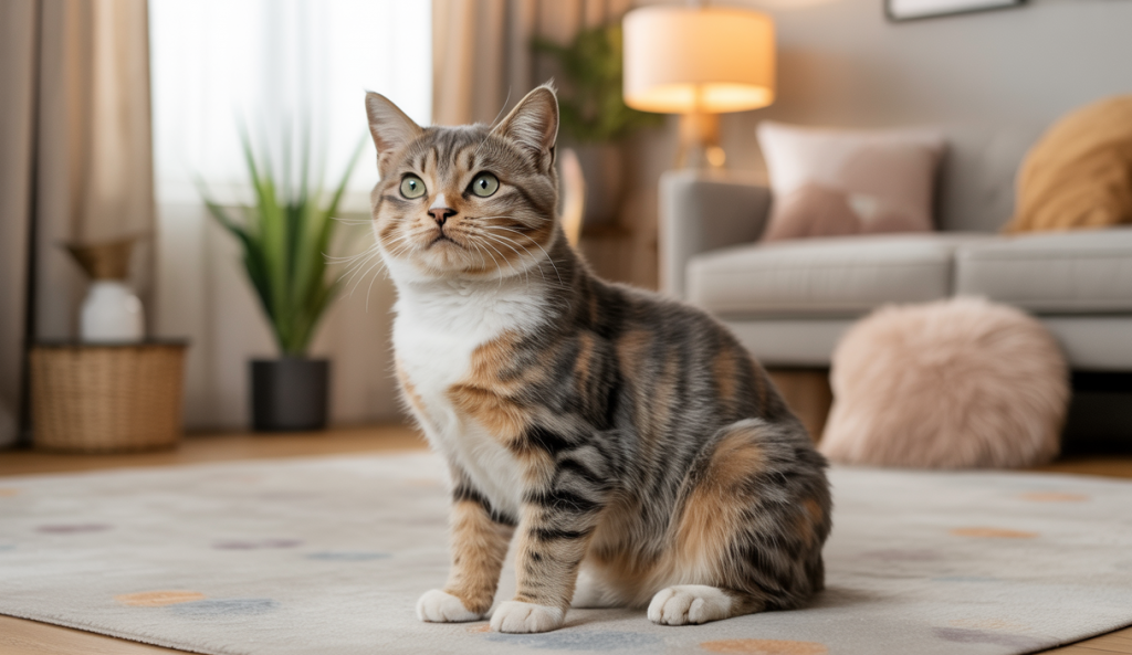 Chat stressé montrant des signes subtils d'anxiété avec un regard inquiet et un comportement de retrait dans un intérieur calme