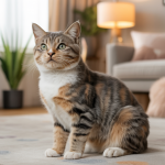 Chat stressé montrant des signes subtils d'anxiété avec un regard inquiet et un comportement de retrait dans un intérieur calme