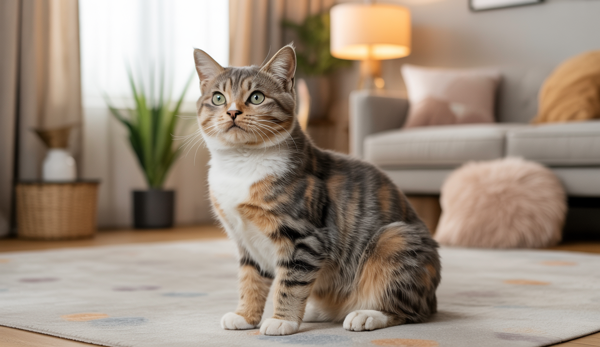 Chat stressé montrant des signes subtils d'anxiété avec un regard inquiet et un comportement de retrait dans un intérieur calme