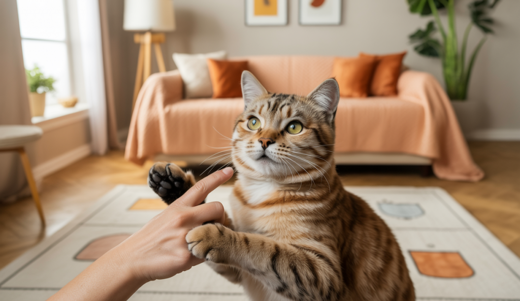 Chat domestique montrant des signes clairs de confiance envers son propriétaire dans un intérieur chaleureux