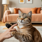 Chat domestique montrant des signes clairs de confiance envers son propriétaire dans un intérieur chaleureux