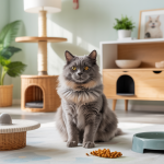Chat heureux dans un environnement intérieur paisible, entouré d'accessoires apaisants pour réduire le stress