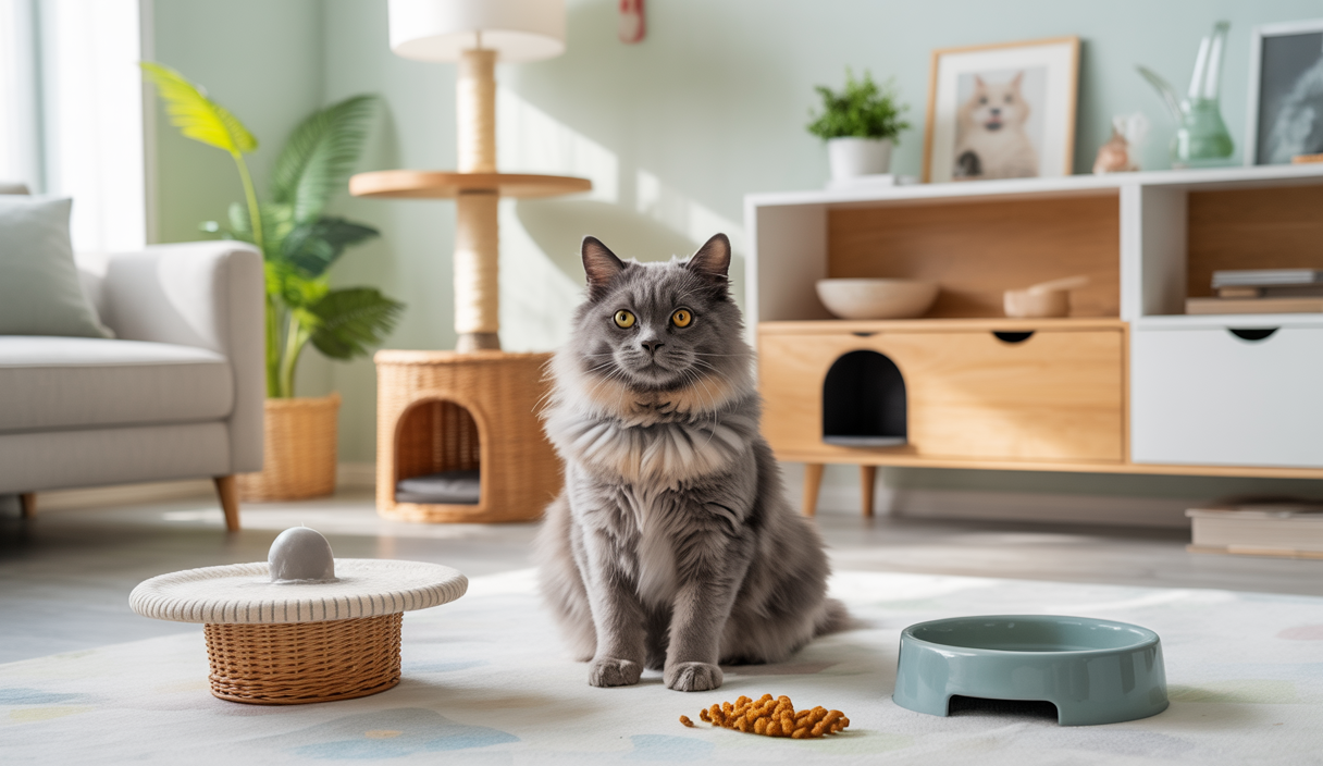 Chat heureux dans un environnement intérieur paisible, entouré d'accessoires apaisants pour réduire le stress