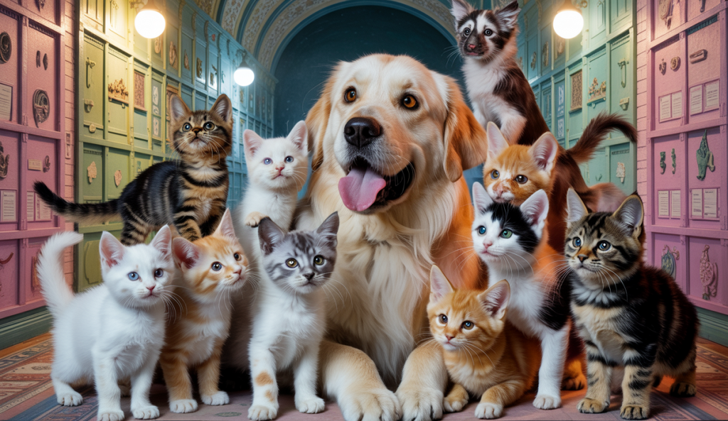 Scène captivante où 10 chats interagissent avec un grand chien, révélant des dynamiques complexes captivantes