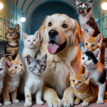 Scène captivante où 10 chats interagissent avec un grand chien, révélant des dynamiques complexes captivantes