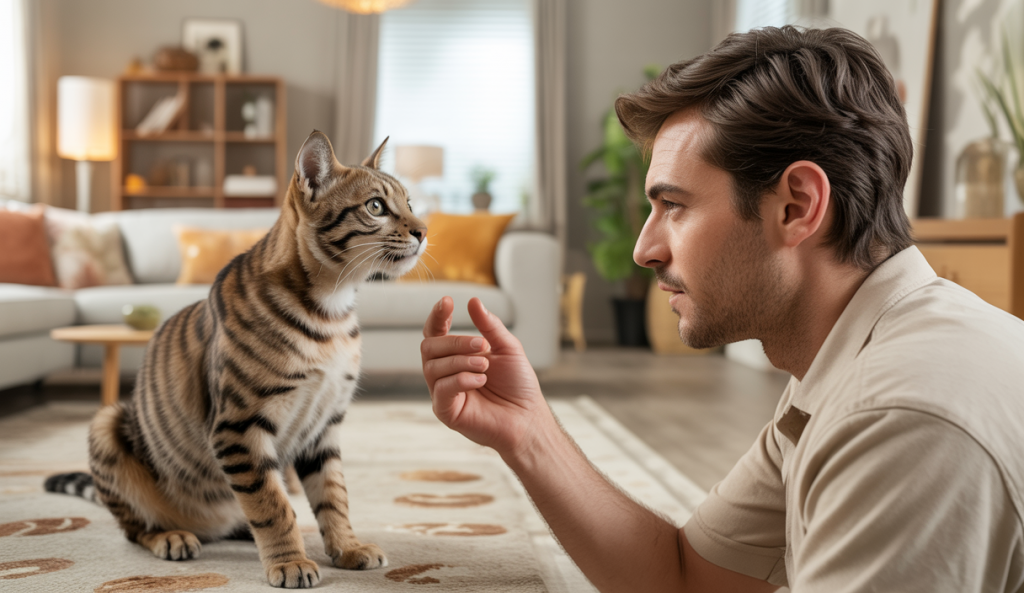 Un chat et un humain communiquent par le regard, les postures, les vocalisations et les effluves olfactifs dans un intérieur chaleureux