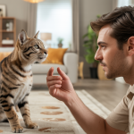 Un chat et un humain communiquent par le regard, les postures, les vocalisations et les effluves olfactifs dans un intérieur chaleureux