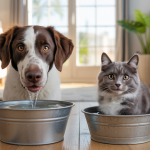 Un chien et un chat buvant de l'eau fraîche dans une gamelle propre dans un environnement domestique lumineux et chaleureux