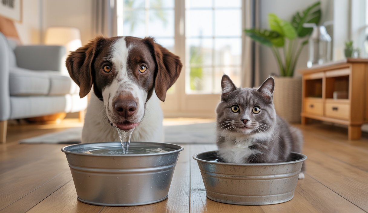 Un chien et un chat buvant de l'eau fraîche dans une gamelle propre dans un environnement domestique lumineux et chaleureux