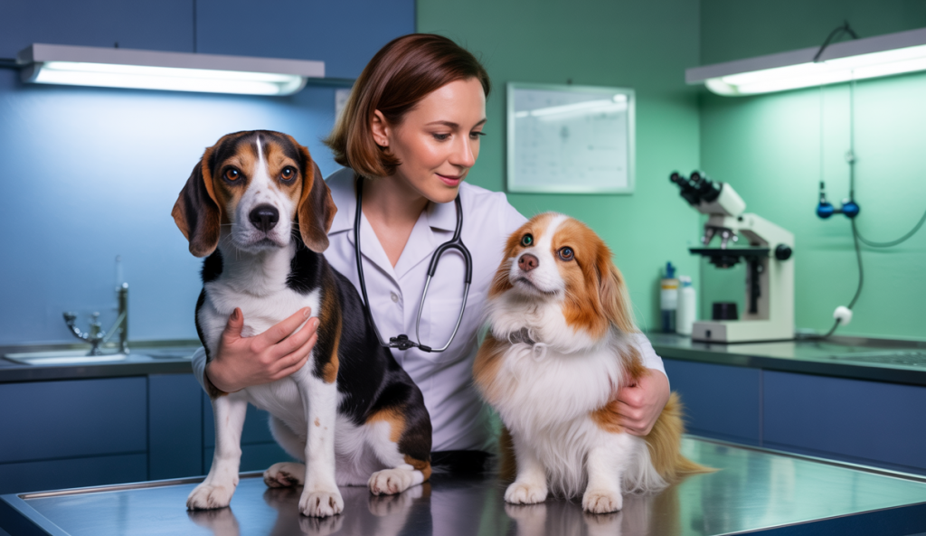 Un vétérinaire souriant examinant un chien et un chat dans une clinique moderne, symbolisant une initiative caritative de recherche sur les maladies rénales animales