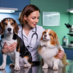 Un vétérinaire souriant examinant un chien et un chat dans une clinique moderne, symbolisant une initiative caritative de recherche sur les maladies rénales animales